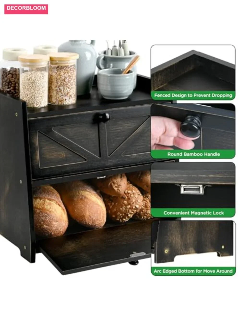 2-Tier Bamboo Bread Box for Kitchen Countertop Storage with Doors